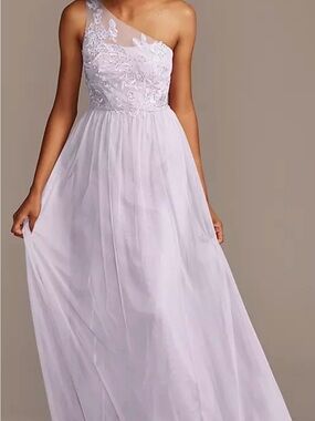 DB Studio ONE-SHOULDER EMBROIDERED SOFT NET BRIDESMAID DRESS,LAVENDRHAZE,8